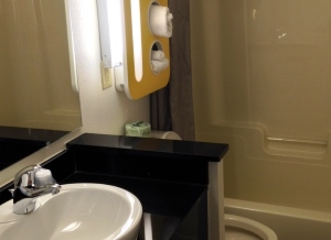 Bathroom in a room of the Motel 6 Lake George